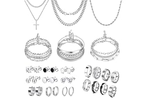 FEYIR Silver Jewelry 33 Pieces Mens Stainless Steel Band Ring Cuban Link Necklace Bracelet Hoop Stud Earrings Men Jewelry Set