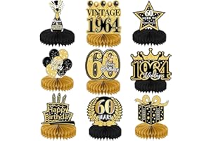 YFJSML 9 Pezzi Centrotavola Compleanno Set, 60 Anni Centrotavola a Nido d'Ape Decorazioni, Nero Oro Centrotavola Compleanno Decorazione, Decorazioni di 60° Compleanno Toppers da Tavolo per Uomini e Donne