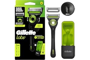 GilletteLabs Maquinilla De Afeitar Neon Night Edition, 1 Mango Con Barra Exfoliante Integrada, 2 Cuchillas De Recambio Con Banda Lubricante, 1 Estuche De Viaje, 1 Colgador De Pared