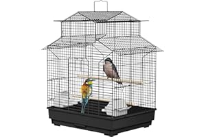 UISEBRT Vogelkäfig mit Holzstangen und Futternäpfe - Großer Vogelhaus Vogelvoliere Metall Vogelbauer Käfig Vogel für Finken Kanarienvögel Wellensittiche Schwarz (Typ C, 46x36x62cm)