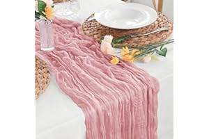Sevenpers Cheesecloth Table Runner Pink, 90x300cm(35"x118") Rustic Gauze Fabric Spring Pink Boho Table Runner for Easter, Wedding Bridal Baby Shower Festive Table Decorations and Large Parties