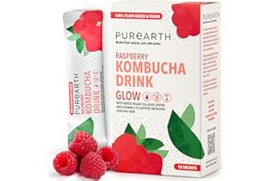 Purearth Kombucha Drink Powder for Glowing Skin – Vegan Collagen & Biotin Sachets – Raspberry Flavor – Gut Health, Hydration & Energy Support – Sugar-Free Rehydration - 10 Sachets