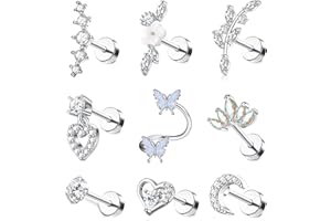 JeweBella 9PCS 16G Helix Piercing Chirurgenstahl für Damen Knorpel Ohrringe Zirkonia Blume Herz Schmetterling Ohrstecker Labret Nase Conch Piercing Set Tragus Piercing Ohr Schmuck Silber/Gold