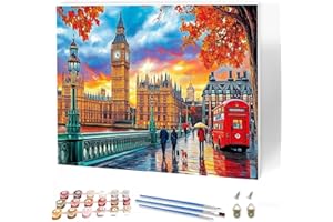 KEYIFA London Sunset Paint by Numbers for Adults on Framed Canvas, Painting by Number Canvas Kits with Acrylic Paint, DIY City Craft Oil Painting Art Kits for Adults, Home Wall Decor 40x30cm