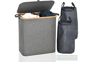 ROSOS Laundry Basket with Lid, 145L Collapsible Laundry Basket 2 Compartments with Removable Laundry Bags, Waterproof Laundry Hamper with Lid, Dirty Clothes Washing Baskets for Laundry, Grey
