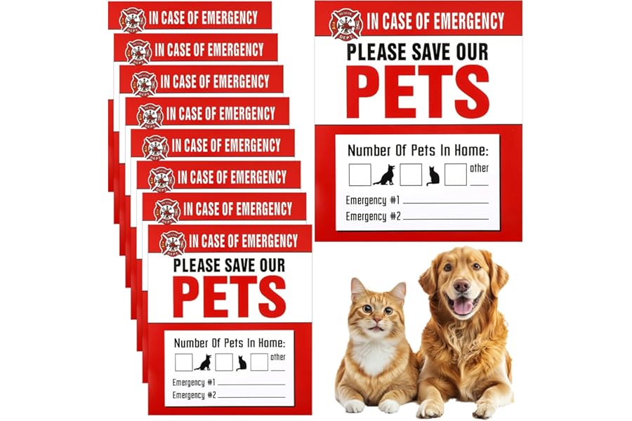8Pcs Pet Alert Safety Fire Rescue Sticker, in Case of Emergency Pets Sticker, Vinyl Adhesive Pet Rescue Signs for House Home Window Pets Door(11.5cm/4.5in x 10cm/ 3.93in)