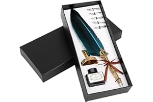 BELLE VOUS 8 Piece Calligraphy Blue Feather Pen Set with Holder, Ink Bottle and Nibs - Ink Dip Quill Feather Writing Pen with Black Ink, 5 Assorted Nibs & Holder - Ideal for Beginners and Adults