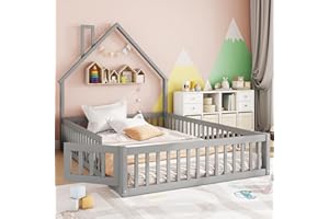 MYBOO Kinderbett Bodenbett Doppelbett 140x200 cm mit Sicherheitsgitter&Lattenrost&Schornsteinform, Montessori Bett Bed Gitterbett Hausbett Holzbett Bettgestell Jugendbett, Kiefernholz, Ohne Matratze, Grau