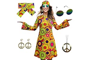 MRYUWB Damen-Hippie-Kleid, 1970er-Kostüm, mit Halskette, Ohrringen, Sonnenbrille, Disco-Outfit, 1960er-Party-Kostüm, Halloween Retro-Kleid