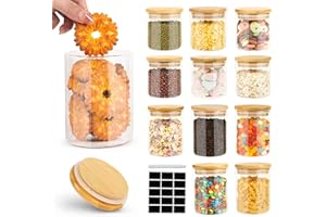 Cinnani 12 Barattoli di Cucina in Vetro con Coperchio in Bambù,Contenitori Vetro di Borosilicato,Vasetti Cucina per Alimenti,Barattoli di vetro per conservazione,Contenitore per Spaghetti, Cereali