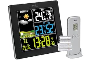 TFA Dostmann Radiowa stacja pogodowa SUN2 z czujnikiem zewnętrznym, 35.1174, do temperatury wewnątrz i na zewnątrz, duży kolorowy wyświetlacz, klimat mieszkania, zegar radiowy z datownikiem,