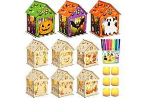 6 stycken halloween hus pysselset, halloween hus hantverk av trä med LED-ljus, lykta pysselset för målning med 12 akvarellpen