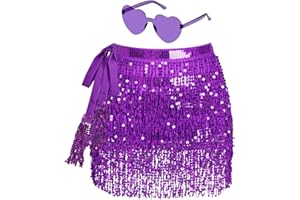 WEROWNSGSO Glitzer Rock Damen Fransen Rock Glitzer mit Hippie Brille Mini Latein Rock Kurz Bauchtanz Kostüm Rave-Kostüm für Frauen Mädchen