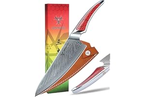 SANMUZUO Couteau de chef 20 CM, cuisine japonaise en acier Damas VG-10 Couteau, Couteau de cuisine ultra tranchant avec manche pleine soie en résine Rouge, série LA-S9