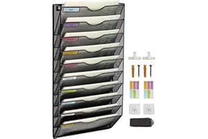 HIHOBDAY 10 Tier Mesh Hanging File Organizer Vertical Wall File Organizer Magazine Storage Rack for Office School Home, Nametag Label Hooks Set Included, Black