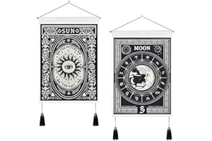 Lahviuu Arazzo con Nappe, 2pcs Tarocchi Sole la Luna in Bianco e Nero, Misterioso Arazzo da Parete per Decor Casa 35 x 50 cm