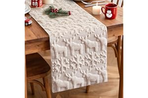 Artscope Snowflake and Christmas Elk Soft Plush Faux Fur Jacquard Xmas Table Runner, Seasonal Holiday Dining Table Decoration for Home Party Decor 40x240cm (Cream Beige)
