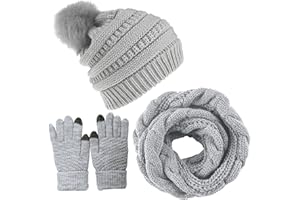 Joligiao Hat Scarf Gloves Set Unisex Slouch Beanie Pom Pom Hat Thermal Warm Knit Neck Warmer Touchscreen Gloves for Men Women Winter Outdoor Sports