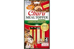 Churu Meal Toppers by INABA Dog Treat - Chicken with Beef Recipe (4 x 14g) / Soft & Creamy, Delicious & Healthy Purée Food Topper, Natural, Grain Free
