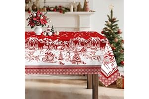 Arquiel Nappe De NoëL, Nappe De Table Hiver Rouge Blanc Ferme Flocons de Neige Rectangulaire Antitache Imperméable Lavable pour Cuisine FêTe De NoëL Vacances DéCoration D'IntéRieur(152x304cm)
