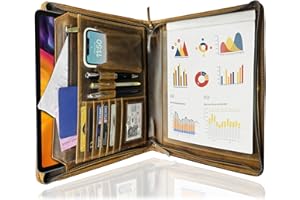 RUSTIC TOWN A4 Leather Document Folder - Full Grain Leather Conference Portfolio - Stylish Organizer Folio for Writing Notepad, Pen and Business Card Holder - Zipped Padfolio for Men & Women