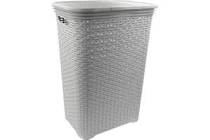 HRB Wäschekorb mit Deckel Rattan 65 Liter, Wäscheaufbewahrung aus Kunststoff, Wäsche Sortierer (Grau)
