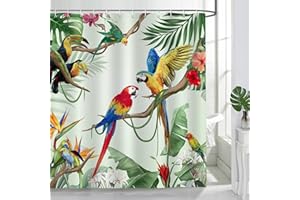 Bonhause Tenda Doccia Uccelli Pappagallo Tucano Foglie Verdi Tropicali Tende per Doccia in Poliestere Impermeabile Antimuffa Lavabile Tende Bagno 180 x 180 cm con 12 Ganci