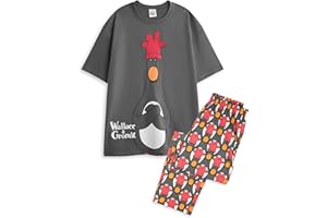 Wallace and Gromit Mens 2 Piece Pyjama Set | Adults Grey and Red All Over Print Long Leg Bottoms and Short Sleeve Night Top | Evil Penguin Feathers McGraw Graphic Print PJs | Animated Comedy Movie