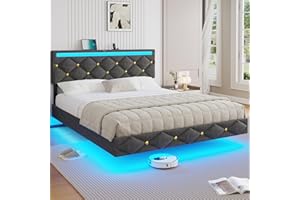 DICTAC Lit 160 x 200 avec sommier - LED Réglable, Lits 2 Places avec Rembourré Tête de Lit, Cadre de Lits 160 x 200 cm avec Lattes en Bois et Multiprise, Bed Flottant avec Strass Capitonné en Lin Gris