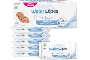 WaterWipes Sensitive+ Newborn & Baby Wipes for Newborns & Infants, 360 Pieces (6 Pack), 3-in-1 Clean, Care & Protect 99.9% Water, Unscented