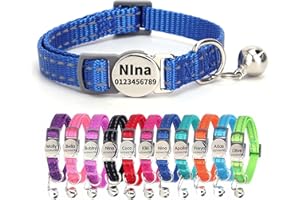 SEOUGEE Collar de gato con etiqueta de nombre personalizada, collares reflectantes para gatos con campanas y hebilla de liberación rápida de seguridad, placa de identificación antipérdida para gatos