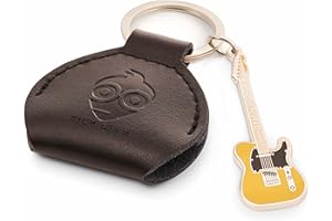 Pick Geek Black Leather Pick Holder with Miniature Telecaster Keyring | 100% Handmade Real Leather | Includes 3 FREE Guitar picks | Made with Jewellers Metal