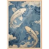 Zestia Wood Framed Table, Koi Fish, Among Japanese Waves, Blue Tones Poster No: 107505 30 x 40