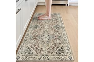 DEXI Kitchen Mat 60 x 150 cm, Anti-Fatigue Cushioned Standing Mats Non Slip Waterproof, Extra Large Washable Carpet Runner Rugs for Floor, Laundry, Home Office, Cream Red