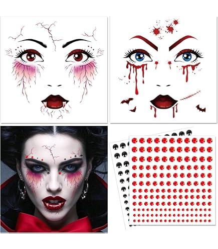 Tatouages Temporaires Visage Halloween Femme - Autocollants Vampire Avec Strass Rouge, Pour Fête Et Carnaval