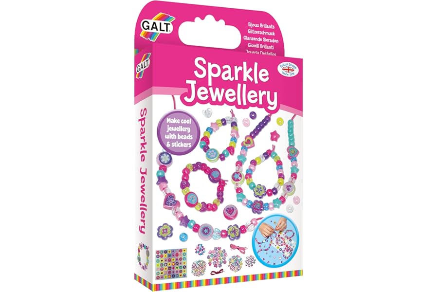 Galt Sparkle Jewellery - Childrens Necklace and Bracelet Making, Craft Kit for Kids - Fun Activity Pack with Colourful Beads and Stickers, Encourages Creativity and Motor Skills - Ages 5 Years Plus