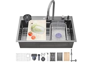 Ribanedy 86 x 50 cm Fregadero de cocina en cascada gris oscuro, fregadero moderno multifuncional de acero inoxidable de una cubeta con grifo rociador abatible y accesorios