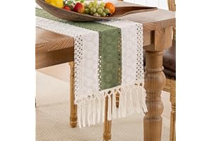 DakTou Camino de Mesa Bohemio Verde, Caminos de Mesa Vintage Macramé Yute , Borla Estilo Rrustico Decoración de Comedor de Cocina Mantel Lavable para Café Boda Comedor 30 x 140 cm