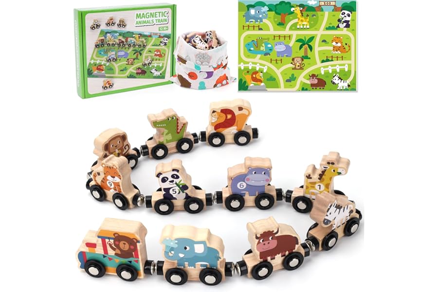 Toys for 1 2 3 Year Old Boys Girls, Montessori Toys Magnetic Wooden Train Set Gifts for 2-3-4 Year Old Boy Girl Educational Toddler Toy Birthday Presents Age 1+ Kids Animal Farm Games with Track Mat