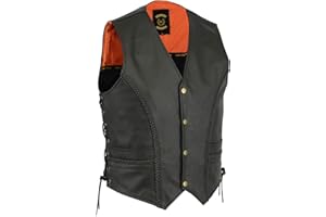 Lesa Collection Braided Leather Motorcycle Biker Style Waistcoat Vest Black Side Laced
