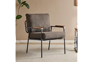 Bonnlo Accent chair, Mid-Century Metal Frame Armchair, Occasional Reading Chair with Coushions and Wooden Armrest, Armchairs for Living Room, Bedroom, Dining Room, Brown