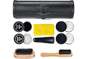 YUET Kit de Cirage et d'entretien 9 Pièces, Noir Nettoyage de Chaussures en Cuir avec Cire Marron et Brosse de Polissage, Chiffon à Lustrer, Chausse-pied, Brosse à cheveux,étui en Cuir PU