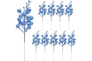 Alipis 10Pcs Christmas Glitter Berry Stems, Artificial Christmas Berry Picks Fake Branches Xmas Tree Filler Decorations DIY Crafts Supplies for Wreath, Garland, Blue