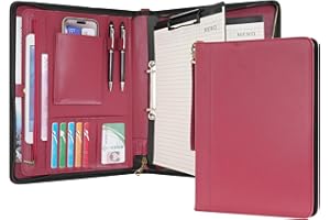Wason A4 Portfolio with Zipper - Leather PU Padfolio with Detachable Ring Binder and Writing Notepad Holder, Conference File Multi-Pockets Organizer for Office Travel School (Red)