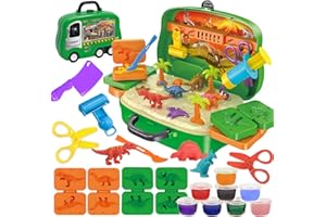 VBACALA Set de Plastilina de Dinosaurios con Caja con Ruedas - Juguete Educativo para Niños + 8 Colores, Herramientas y Accesorios,Plastilina Reutilizable para Modelar,Regalo Partir de 3 Años