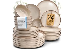 Steingut Geschirrset 6 Personen Rustic 24 tlg. TESTSIEGER, Hochwertiges Landhaussttil Steingut Geschirr Set, Schüssel- und Teller Set, Tafelservice 6 Personen, Geschirrsets Pure Living in Beige