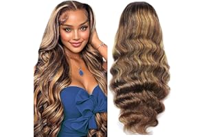 NICMISS Perruque Sans Colle Cheveux Humain 4x4 Pre Cut Lace Wig Body Wave Perruque Femme Brésilien Glueless Wig Human Hair Couleur Highlight Ombre P4/27 180% Densité 16 pouces (40cm)