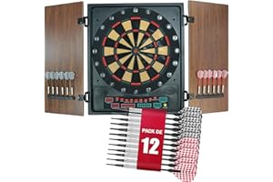 PL Ociotrends Diana Electrónica Eros | Diana con Puertas de Madera y Pantalla LED | 27 Juegos y 202 Variaciones | Multijugador hasta 8 Jugadores | Incluye 12 Dardos y Adaptador