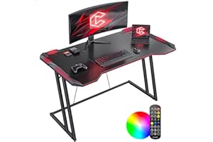 CubiCubi Esport Bureau d'ordinateur Ergonomique avec Surface en Fibre de Carbone et LED, Cadre en Z Stable, Crochet pour Casque pour Jouer, Apprendre Noir 120 x 60 cm