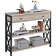 Yaheetech Grey Console Table with Drawer, Vintage Entry Table Slim Sofa Side End Table with 2 Storage Shelves for Living Room and Hallway, Metal Frame, 100x29.5x81cm